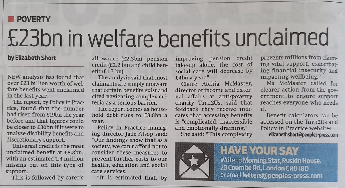 The real benefits scandal - £23bn in welfare benefits went unclaimed last year (19.4.24 @M_Star_Online report by @lizzy_short) @ElwinWay @stillawake @BernaMeaden