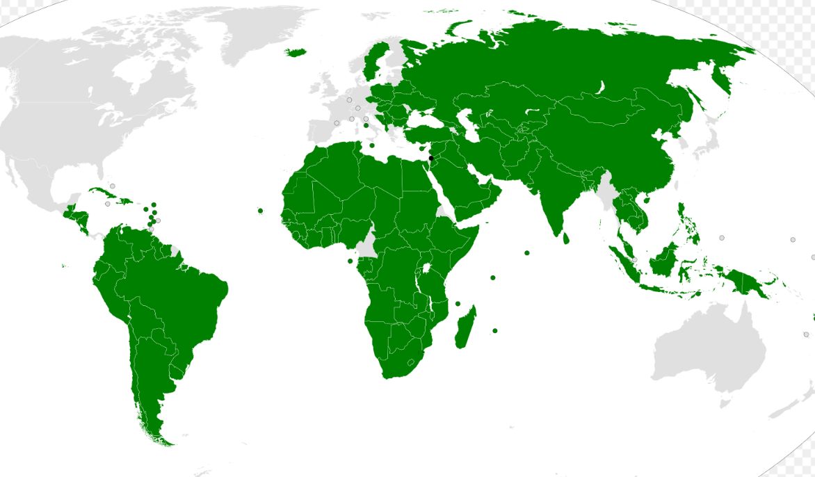 The world map of 140 countries (out of 193) that recognise Palestine as an independent state, as of 2024. The 53 that do not are coincidentally known as 'the international community'