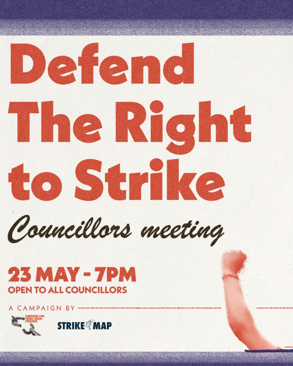 Councillors meeting on how we defend the #rightostrike 23 May | 7pm Register here: bit.ly/Defendtheright… Ft. @sarahwoolley01 Lord John Hendy KC @Soph__wilson @GawainLittle Tag your councillor in the comments to join us👇🤳 #StrikeMap #LocalElections24 #LE24