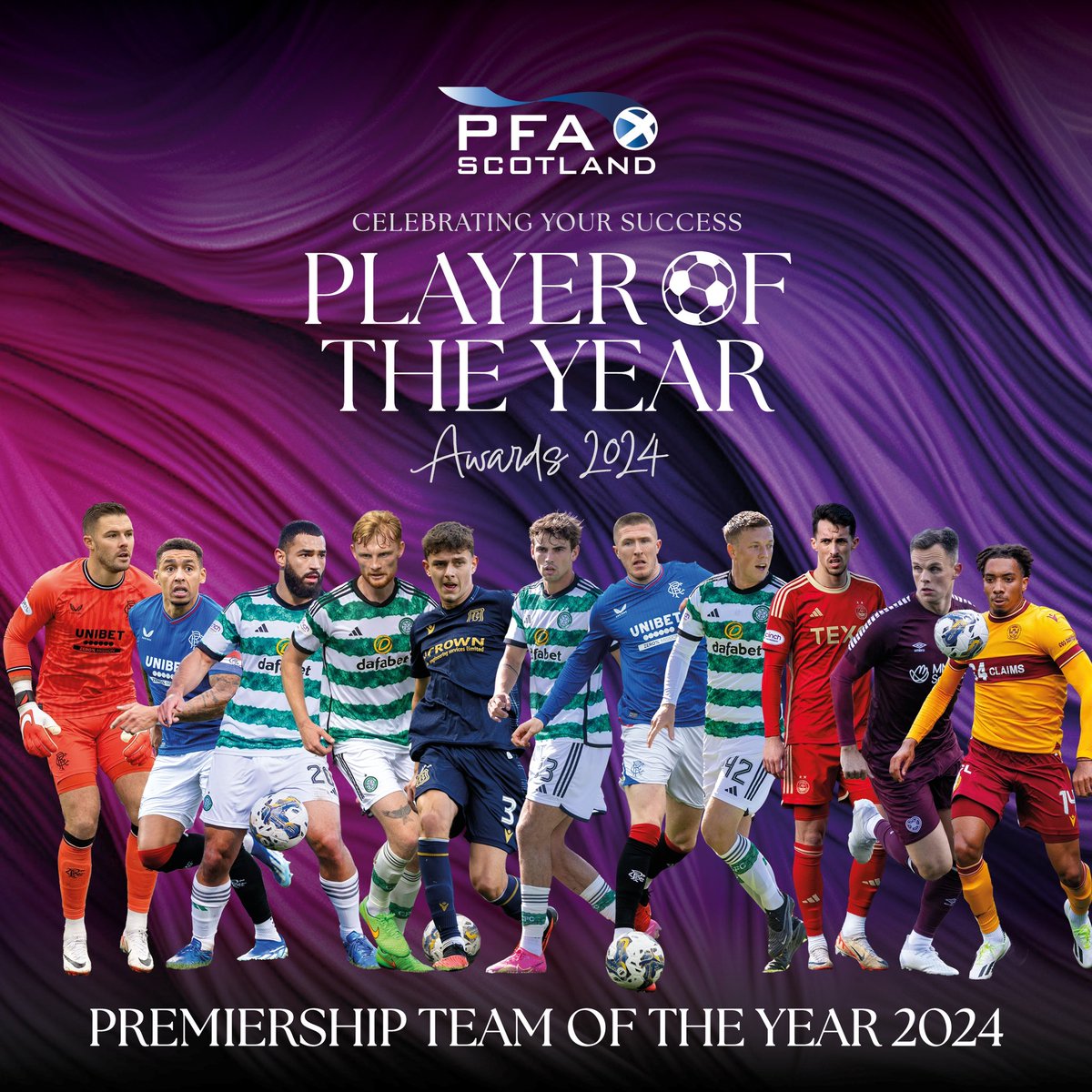 🏆 PFA Scotland Premiership Team of the Year. As voted by the players, here’s your selection for 23/24: Jack Butland James Tavernier Cameron Carter-Vickers Liam Scales Owen Beck Matt O’Riley John Lundstram Callum McGregor Bojan Miovski Lawrence Shankland Theo Bair…