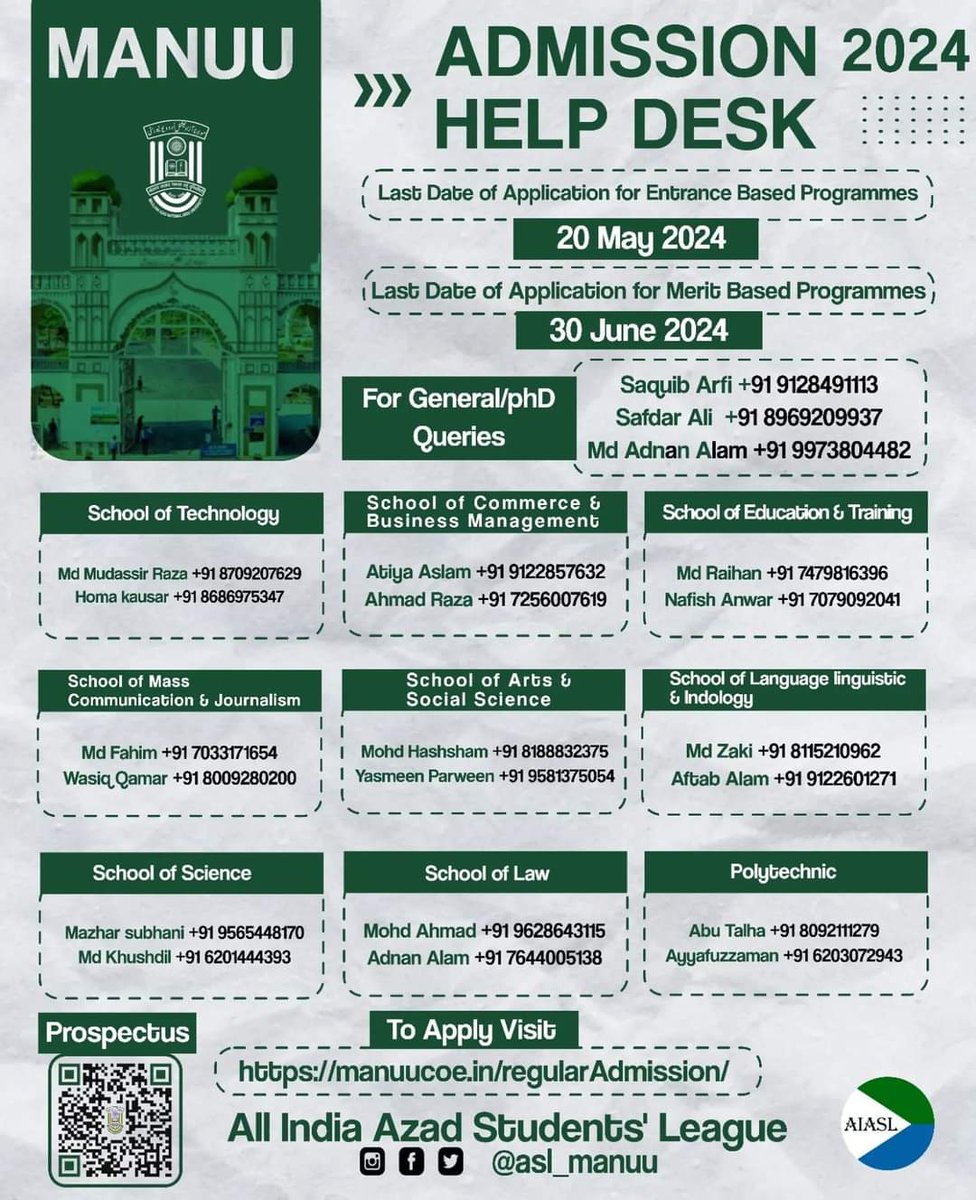 ASLmanuu's tweet photo. Assalamualaikum,
Greetings for the day!
Alhamdulillah, This is to inform you all that AIASL MANUU presents a Help Desk Team for admission into entrance and merit based courses available in MANUU.
Best regards,
AIASL
MANUU, Hyderabad
#Aslmanuu #manuu https://t.co/XQEiRpWNtU
