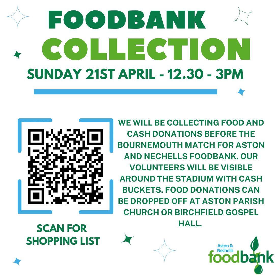 Foodbank Collection ➡️ 🗓️ Tomorrow 12.30-3 @ Villa v. Bournemouth 📍 Aston Parish Church / Birchfield Gospel Hall & buckets around the ground 🥫We are in need of UHT Milk, Tinned Fruit, Tinned Fish, Tinned Puddings and Fruit Juice Please share. 💚💜💙