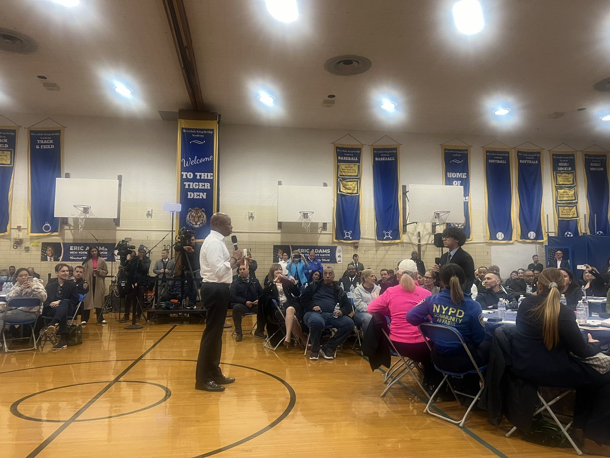 BPGibson2025's tweet photo. So excited about the work happening at the Riverdale Kingsbridge Academy in #CSD10. These scholars are our future leaders and brought incredible energy to the Mayor’s Town Hall this week hosted by the RKA Team. Thank You Mayor Adams &amp; the Administration for joining us. #Bronx. https://t.co/QVq3P37ufp