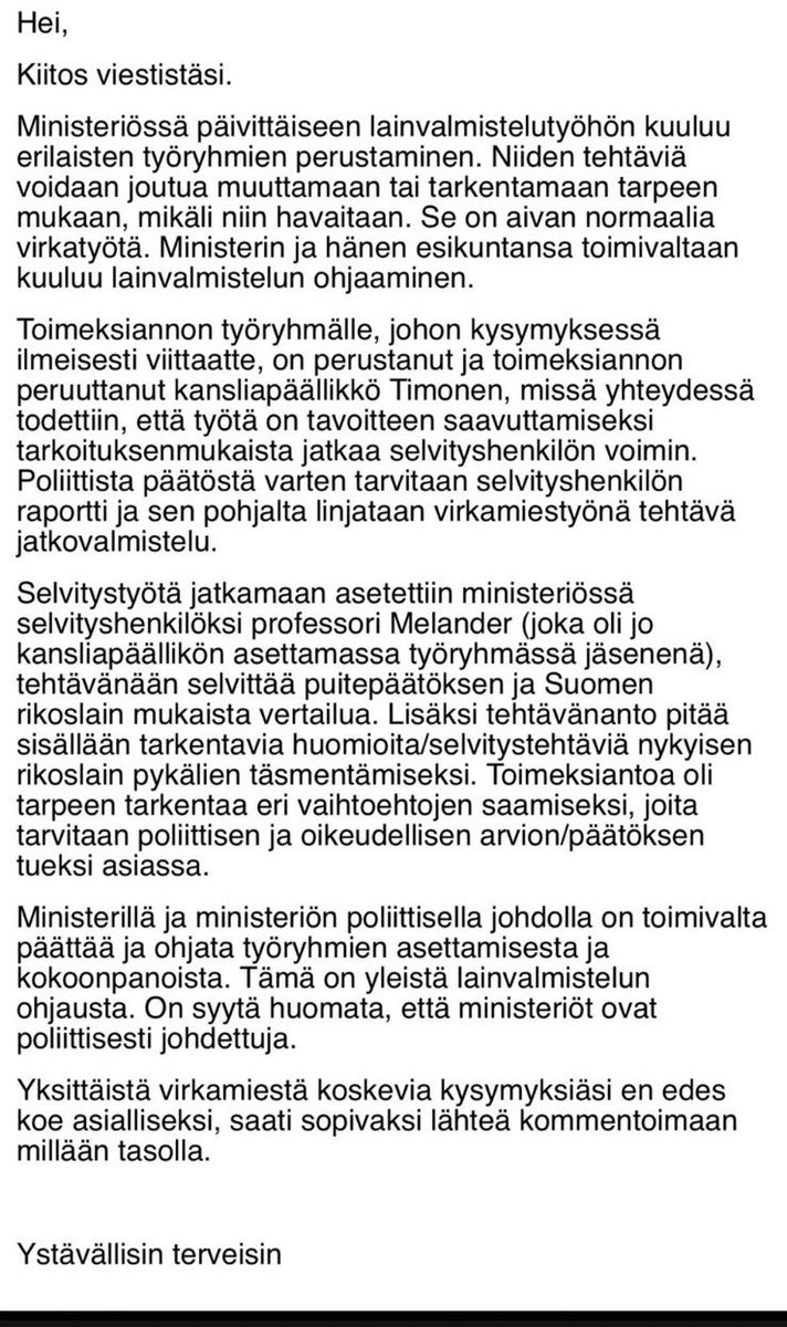 Laitan tähän koko antamani vastauksen  kun Iltalehti ei sitä jostain syystä jutussaan julkaissut.

Eipä minulla muuta lisättävää mutta olisi hyvä kun jutuissa näkyisi mitä vastattu kun sellaista pyydetään ja vastaus annettu. 

Koskee tätä juttua. iltalehti.fi/politiikka/a/f…