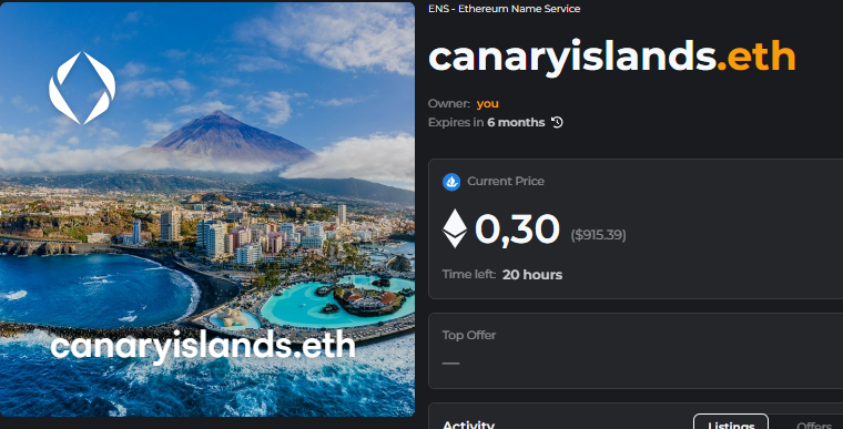Gm Fam💥Have a good weekend, everyone.👏

I don't know what to do with this domain canaryislands.eth

Clearly high value and potential uses, but so don't want to mess around with this #ENS

Put a price of 0.3eth for 24hours, do you think I'll sell it?

Also open to a fair offerer