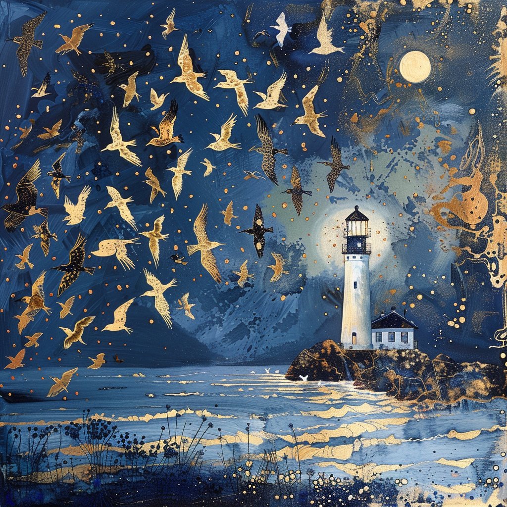 Prompt: Spring Bird Migration at a Coastal Lighthouse, a Radiance of midnightblue and gold Feel free to join in :) #DigitalArt #AIArtWork #DigitalArtWork #AIArt #AIArtists #AIArtCommunity #PromptShare