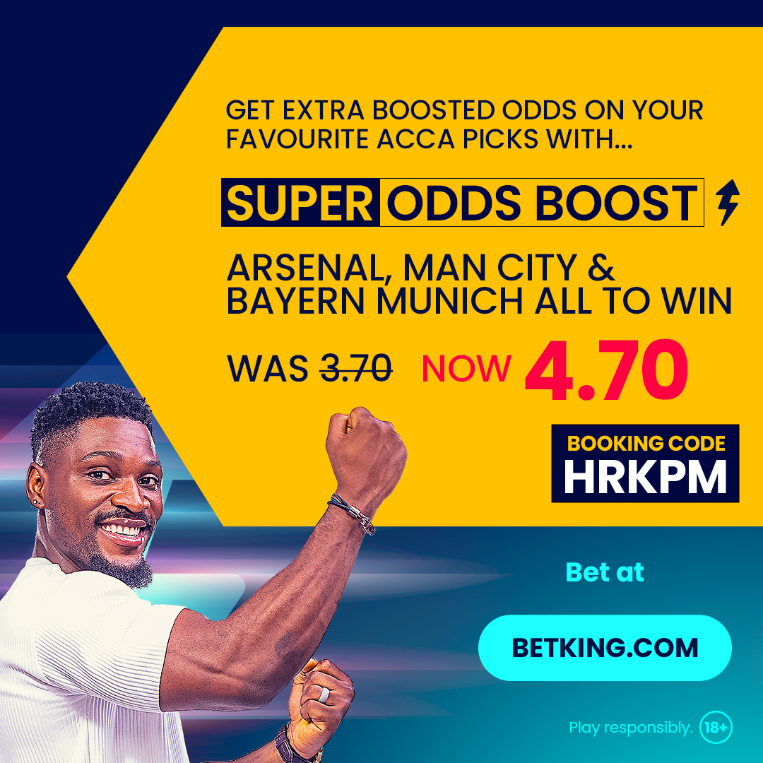 Super Odds Boost market is now live on the site.💪🏾 Arsenal, Man City and Bayern Munich are all boosted to win at 4.70 odds.📈 Bet now using booking code HRKPM m.betking.com/book-bet #BetKing