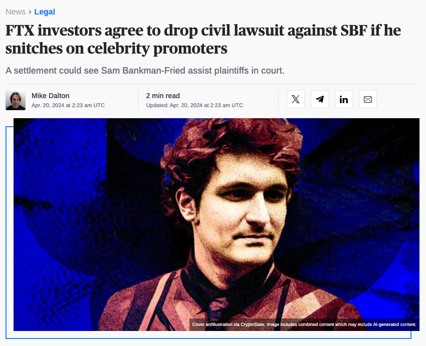 ICYMI: FTX investors agree to drop civil lawsuit against SBF if he snitches on celebrity promoters Read the full article 👇