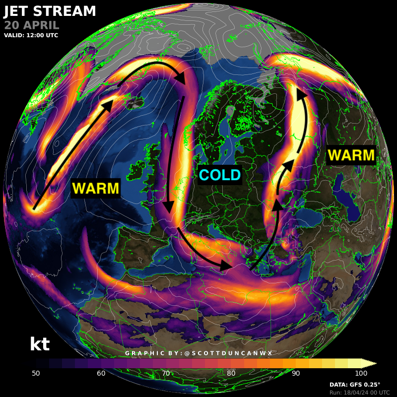 ScottDuncanWX's tweet photo. From summer-style warmth to a late winter chill...

Much of Europe experiences the full range April has to offer in just a few days. The amplified jet stream is a crucial feature for delivering the cold to Europe. https://t.co/PdRrHcBj0A