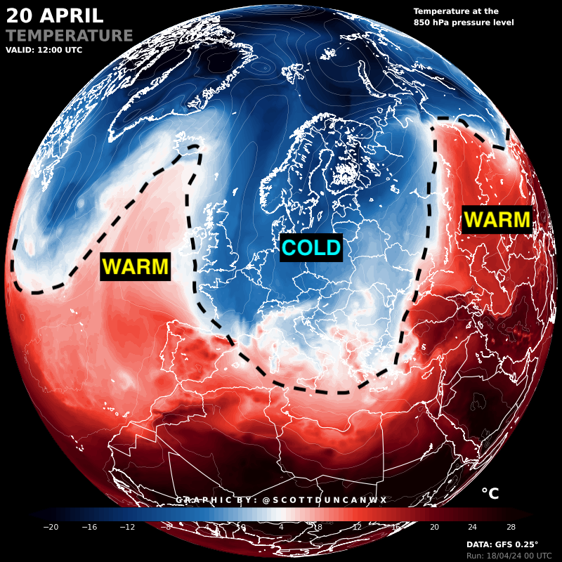 From summer-style warmth to a late winter chill... Much of Europe experiences the full range April has to offer in just a few days. The amplified jet stream is a crucial feature for delivering the cold to Europe.