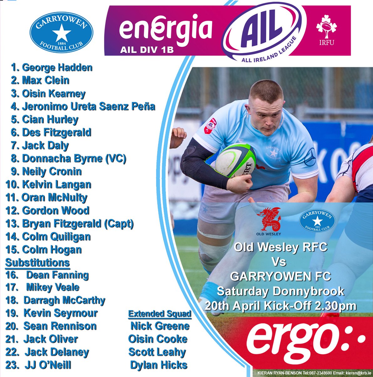 Garryowen Team for todays AIL 1A/1B Playoff Semi-final with @oldwesleyrfc in @energiaireland Park.. Best of luck lads, up and under, here we go!!!

#GinG #AIL #rugby #Limerick #munster