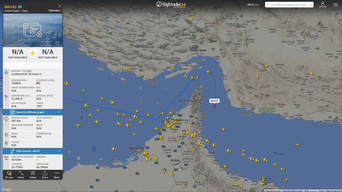 AIYeyENGDdJkjTr's tweet photo. Apr. 20, 2024
#Isa Air Base #Strait of Hormuz
#MN143 #AE1D95 USN EP-3E Aries II https://t.co/Dp42VPh2DO