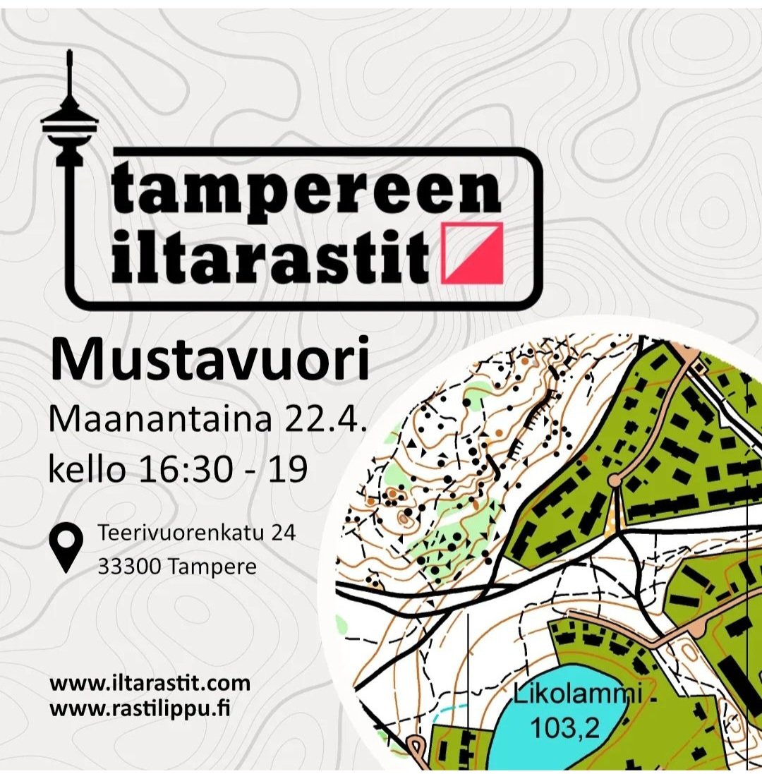 Tulevana maanantaina suunnistetaan Mustavuorella Tampereen Tesomalla. 
📌 Kartanmyynti osoitteessa Teerivuorenkatu 24, 33300 Tampere
🗺 Lähdöt 16:30 - 19:00

Kaikilla radoilla on tarjolla 1:7500 mittakaava