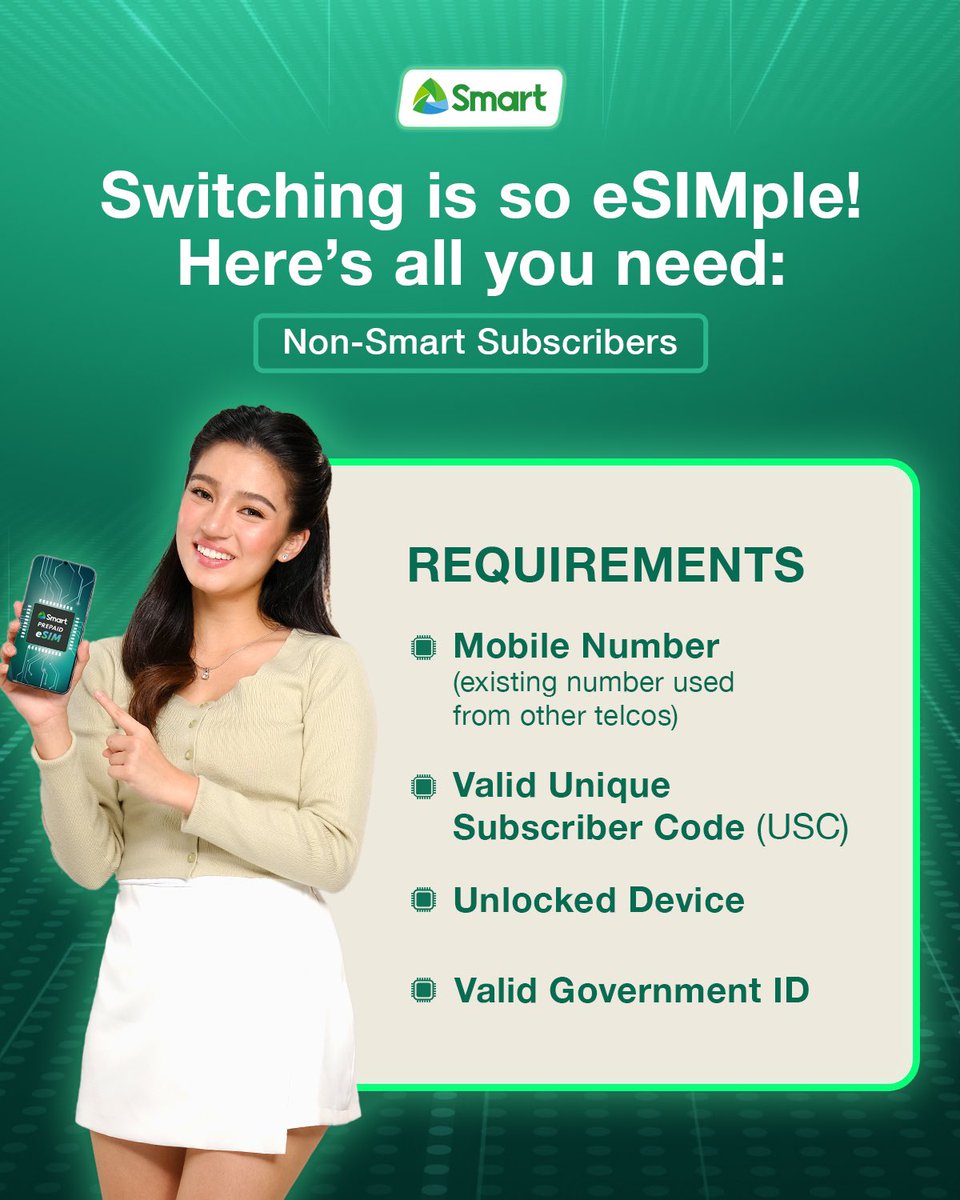LiveSmart's tweet image. Make the switch and live for real with Smart eSIM!

Experience fast connectivity and nationwide coverage without changing your number.

Complete the requirements below and choose to live the Smart life now. Learn more here: smrt.ph/esimpagetw

#SmarteSIM