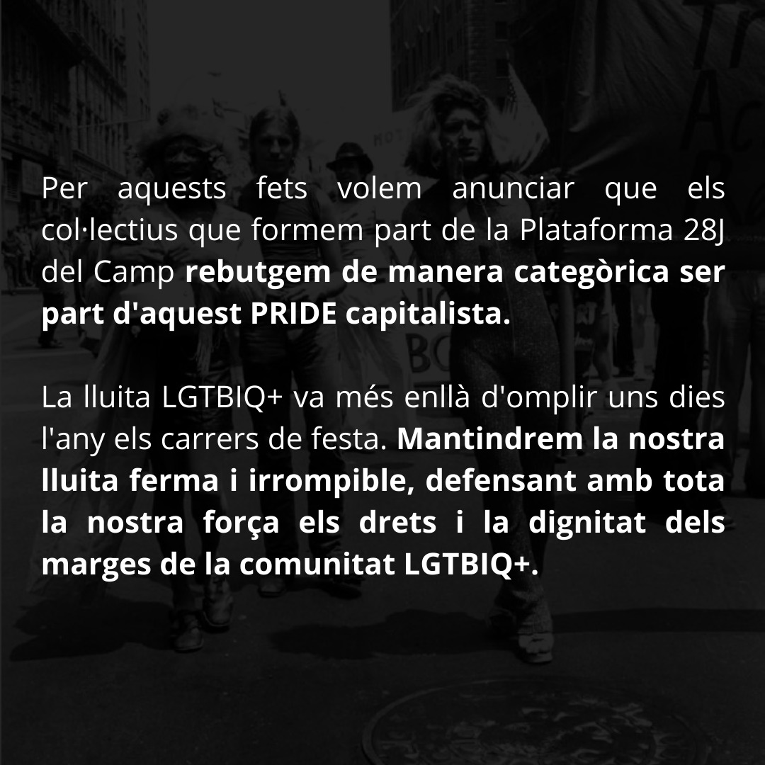 🏳️‍🌈🏳️‍⚧️ La #Plataforma28J del Camp, formada per entitats LGTBIQ+ que lluitem per la defensa dels drets del nostre col·lectiu, organitza l'Orgull Crític a Tarragona des del 2012 i rebutgem el concepte de #PRIDE com a festa de consum. 

Continua fil 👇