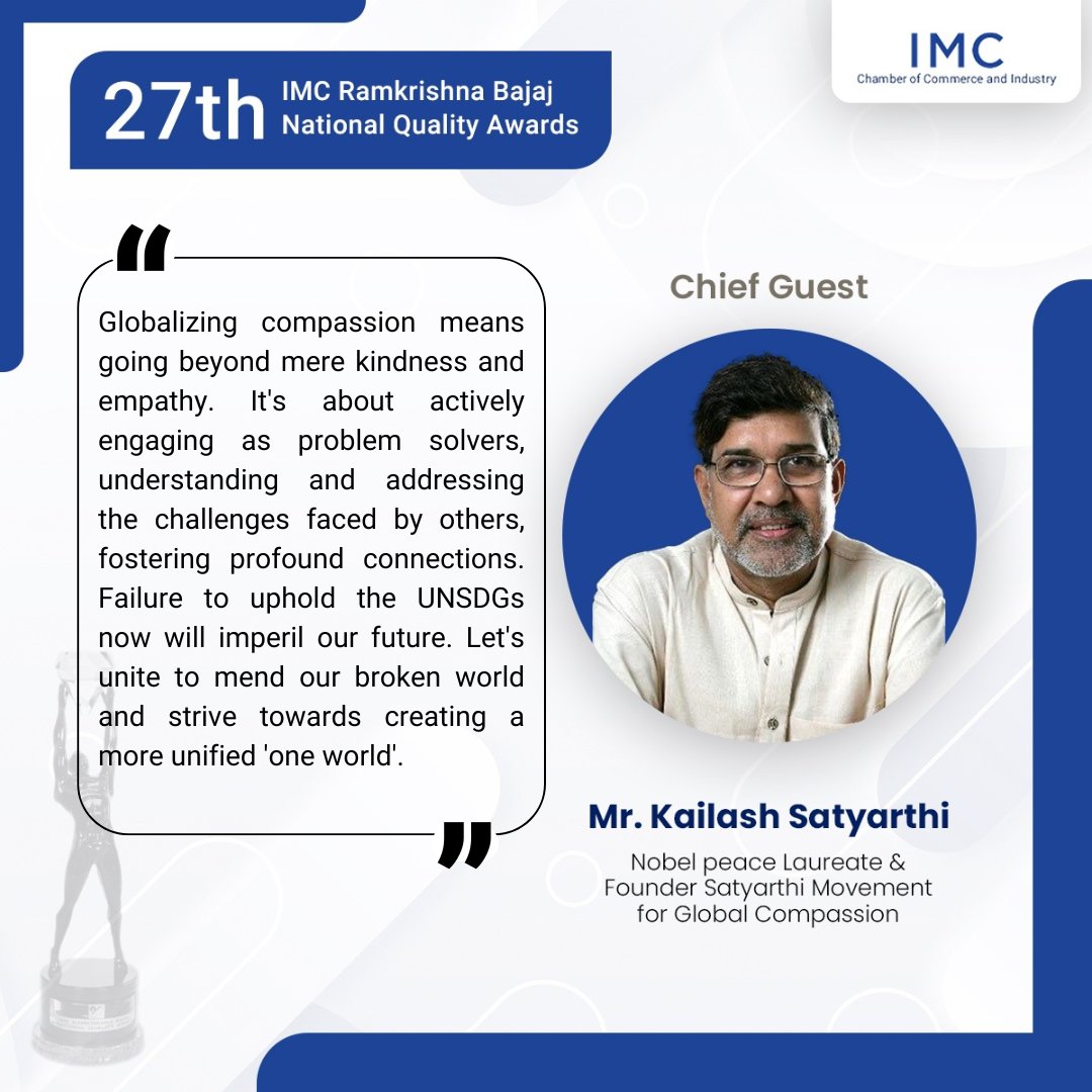 Nobel Laureate Mr. @k_satyarthi, founder of the @smgc_official , graciously imparted his insights at the 27th Ramkrishna Bajaj National Quality Awards. @IMC_RBNQA @SureshLulla @NirajBajaj @TataCompanies