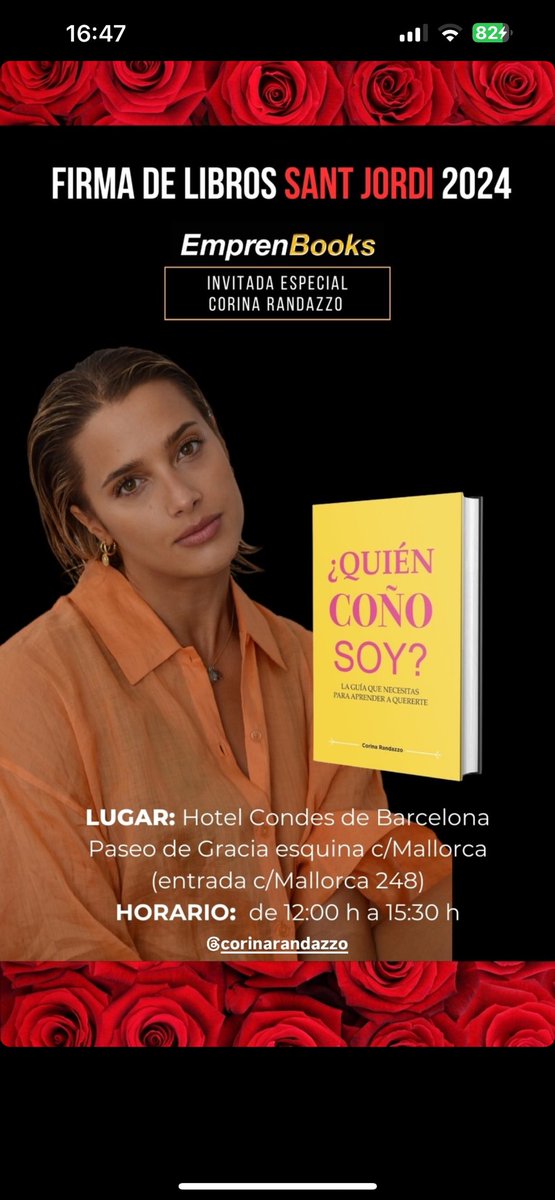YA ES OFICIAL !! 
Estaré haciendo firma de libros en Barcelona por San Jordi 🌹📕 TOMA NOTA y HAZ HUECO EN TU AGENDA!! 🤩

👉🏽23 de abril de 12:00 h a 15:00 
👉🏽Hotel Condes de Barcelona
Paseo de Gracia 73 (entrada por calle Mallorca 248)
👉🏽Habrá tanto firma como venta del libro