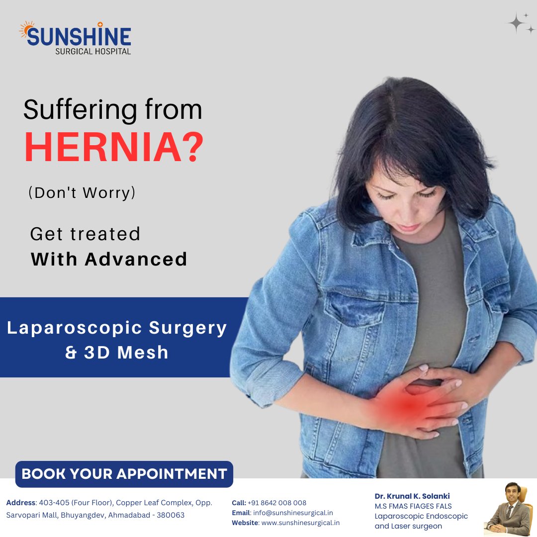 Don't let #hernia hold you back! Experience relief with advanced #laparoscopicsurgery & #mesh at Sunshine Surgical Hospital. Book your free appointment today! 

#herniarelief #sunshinesurgicalhospital #surgery #surgeryhospital #multispecialityhospital #herniasurgeon