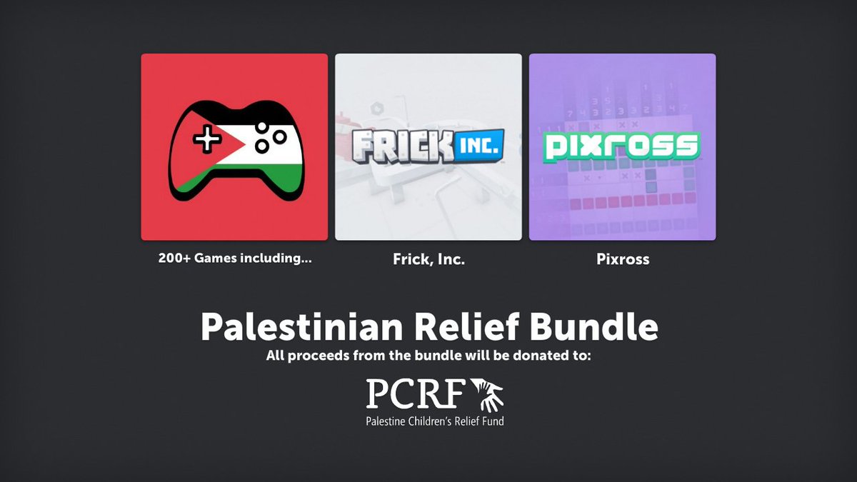 Grab the Palestinian Relief Bundle for just $8 and get 200+ games including Frick, Inc. and Pixross. All proceeds from the bundle will be donated to Palestine Children's Relief Fund 🇵🇸

itch.io/b/2321/palesti…