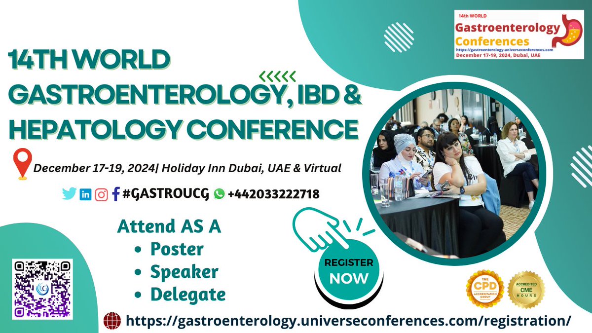 Call for Speaker/Poster/Delegate! The CME/CPD accredited 14th World Gastroenterology, IBD & Hepatology Conference from Dec 17-19, 2024, in Holiday Inn Dubai, UAE & Virtual. …troenterology.universeconferences.com/registration/ wa.me/442033222718?t… #HepatitisPrevention #HepatitisTreatment