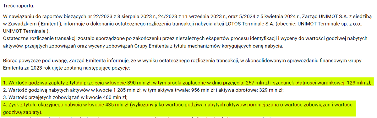 👉Obajtek sprzedaje Lotos Terminale. 👉Kupuje je firma Unimot za 390 mln zł. 👉Unimot właśnie wypuściło informację o ostatecznym rozliczeniu transakcji, gdzie wycenia aktywa na 825 mln, i informuje że na 'okazyjnym nabyciu' zarobili 435 mln złotych. Czyli Orlen stracił 435 mln.