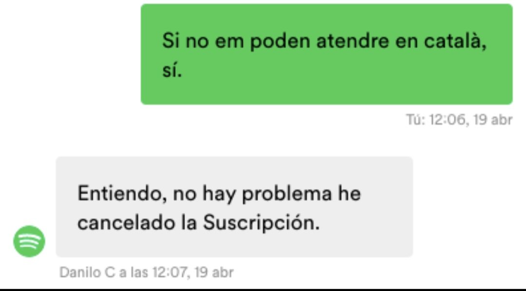 Amenaza a Spotify con darse de baja si no le atienden en catalán. Mirad la respuesta de Spotify 🤣🤣