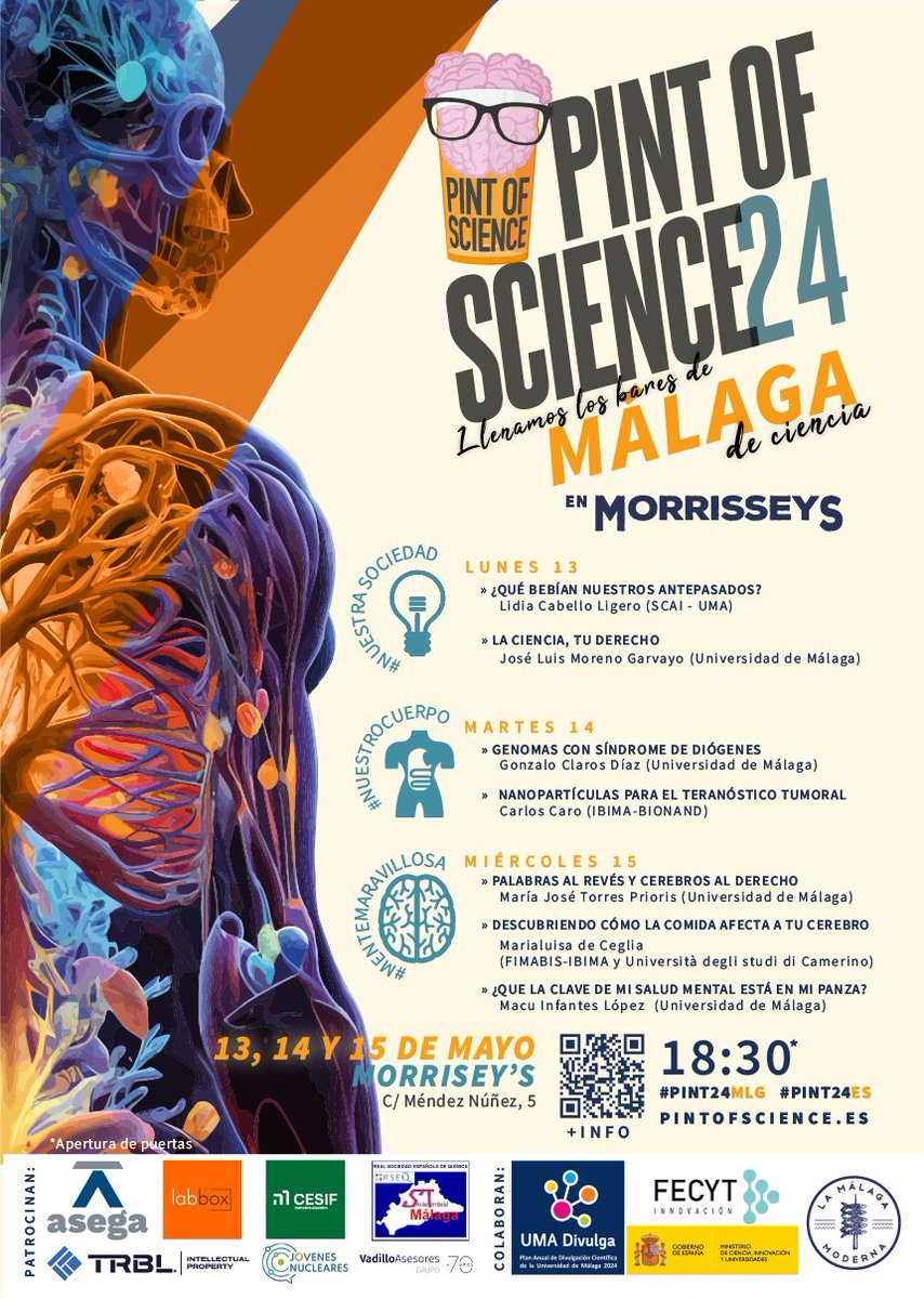 Este año #Pint24MLG junta a @jlmgarvayo @jamtou @SofiaRezGez @marcmiguelangel @Pascualanaya @MGclaros @MJTorresPrioris @emmelledc y a un montón más de investigadoras a dos bares de Málaga para contarnos de todo. Pronto más info en la web de @pintofscienceES