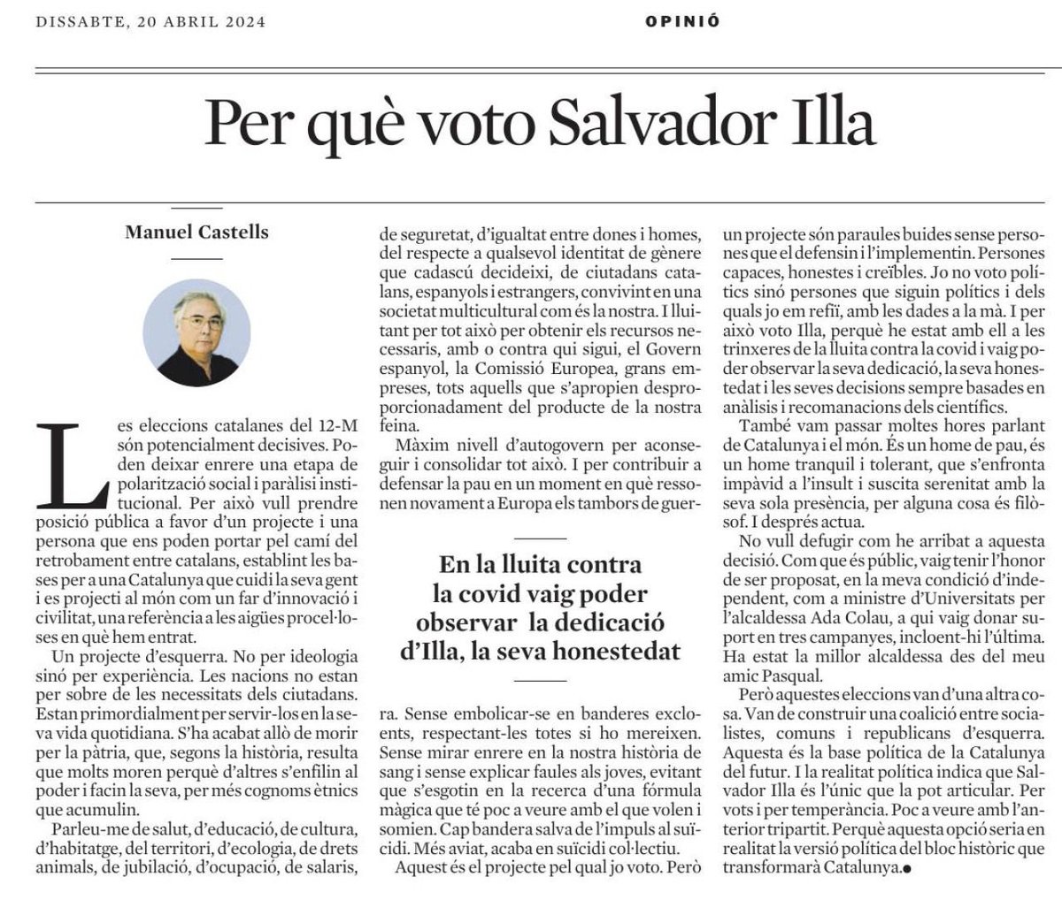 📰 Manuel Castells, l'exministre d'Universitats (2020 - 2021) a proposta del grup de Unidas Podemos i sociòleg de gran repercussió acadèmica, publica un article a <a href="/LaVanguardia/">La Vanguardia</a> explicant 'per què voto Salvador Illa'.

🧵Fil