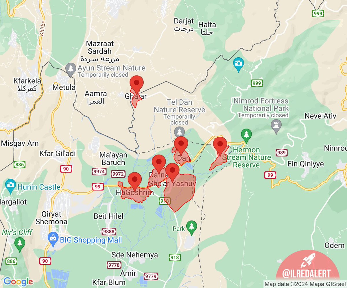 Red Alert [11:52:02] - 6 Alerts: • Confrontation Line — Shear Yeshuv, HaGoshrim, Snir, Ghajar, Dafna, Kibutz Dan #Israel #RocketAlert #RedAlert