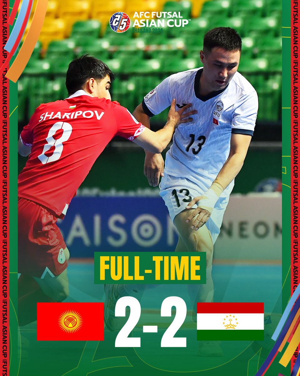 FT | 🇰🇬 Kyrgyz Republic 2️⃣-2️⃣ Tajikistan 🇹🇯

Kyrgyz Republic come from two goals down to earn a point on MD2 👏

#ACFutsal2024 | #KGZvTJK