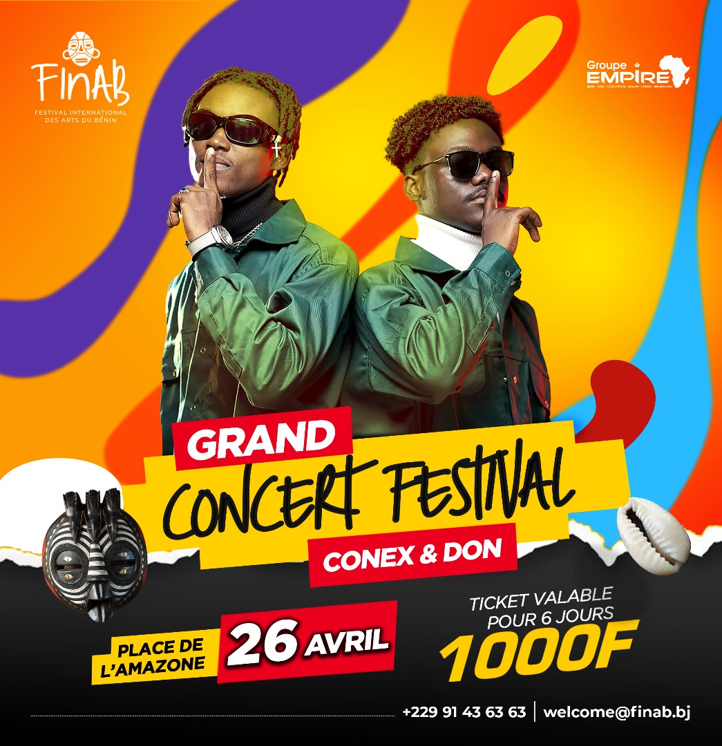 Rejoins-nous pour le festival international des arts du Bénin #FINAB ce 26 Avril à la place de l'Amazone pour un grand concert 💥. 

Prends ton ticket et viens t'amuser ALOBA ✌🏿. Dèdèdè 🤫

#conexetdon #finab #phoenixlabel
