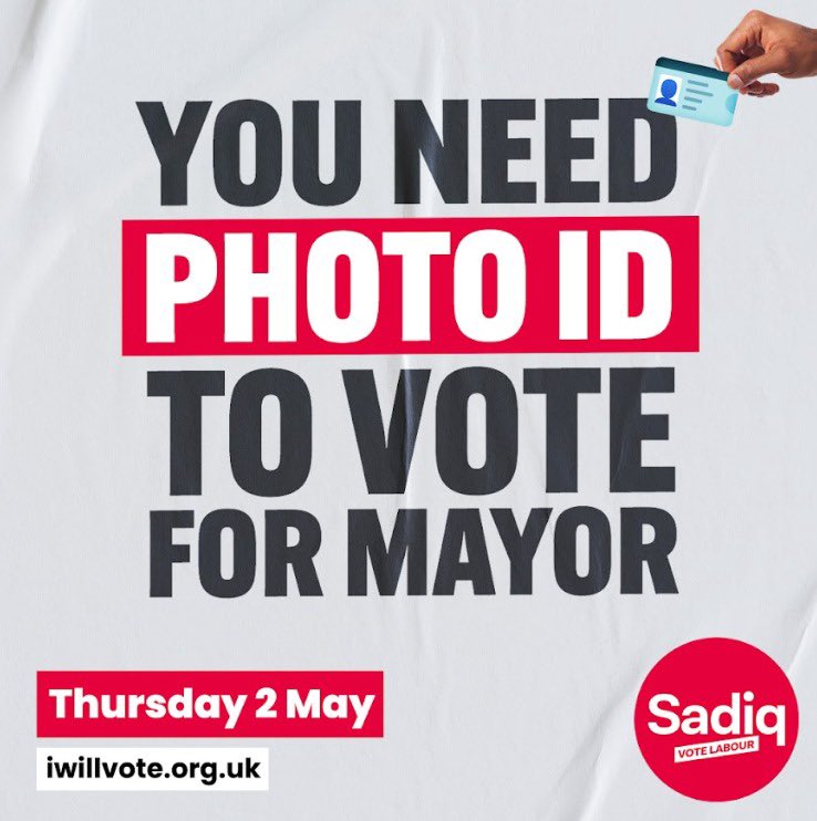 London: remember you need photo ID to vote. 🗳️ If you don’t have photo ID, register now - for free - before 5pm on 24 April. gov.uk/apply-for-phot…