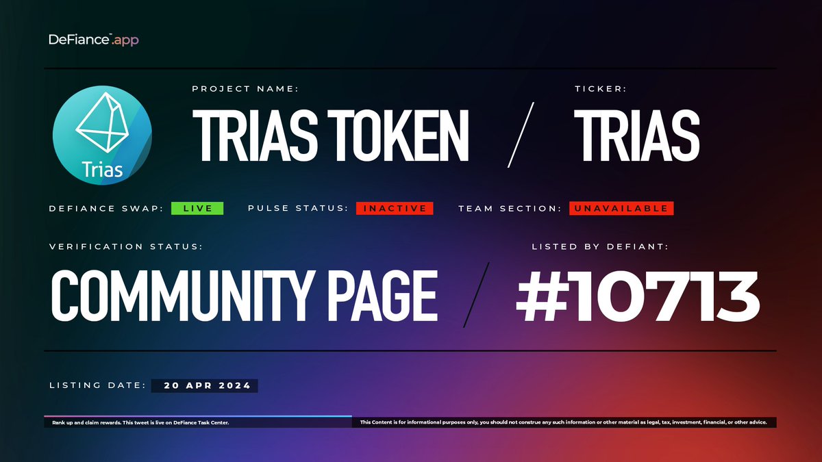 .@triaslab community page is now live on DeFiance.app/project/Trias_…. $TRIAS is now listed on #DeFianceSwap. Trias is a Full-stack decentralized trusted cloud infrastructure and ecosystem for all-scale, general-purpose, and enterprise-ready applications. Learn more at:…