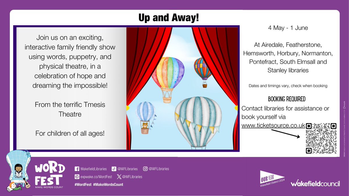 🎈Join us for an uplifting performance from @tmeseistheatre! 📅4 May-1 June 📍Airedale, Featherstone, Hemsworth, Horbury, Normanton, Pontefract, South Elmsall and Stanley and libraries To book visit: ticketsource.co.uk/whats-on?q=up%… @wakeymumbler @ouryear2024 @expwakefield