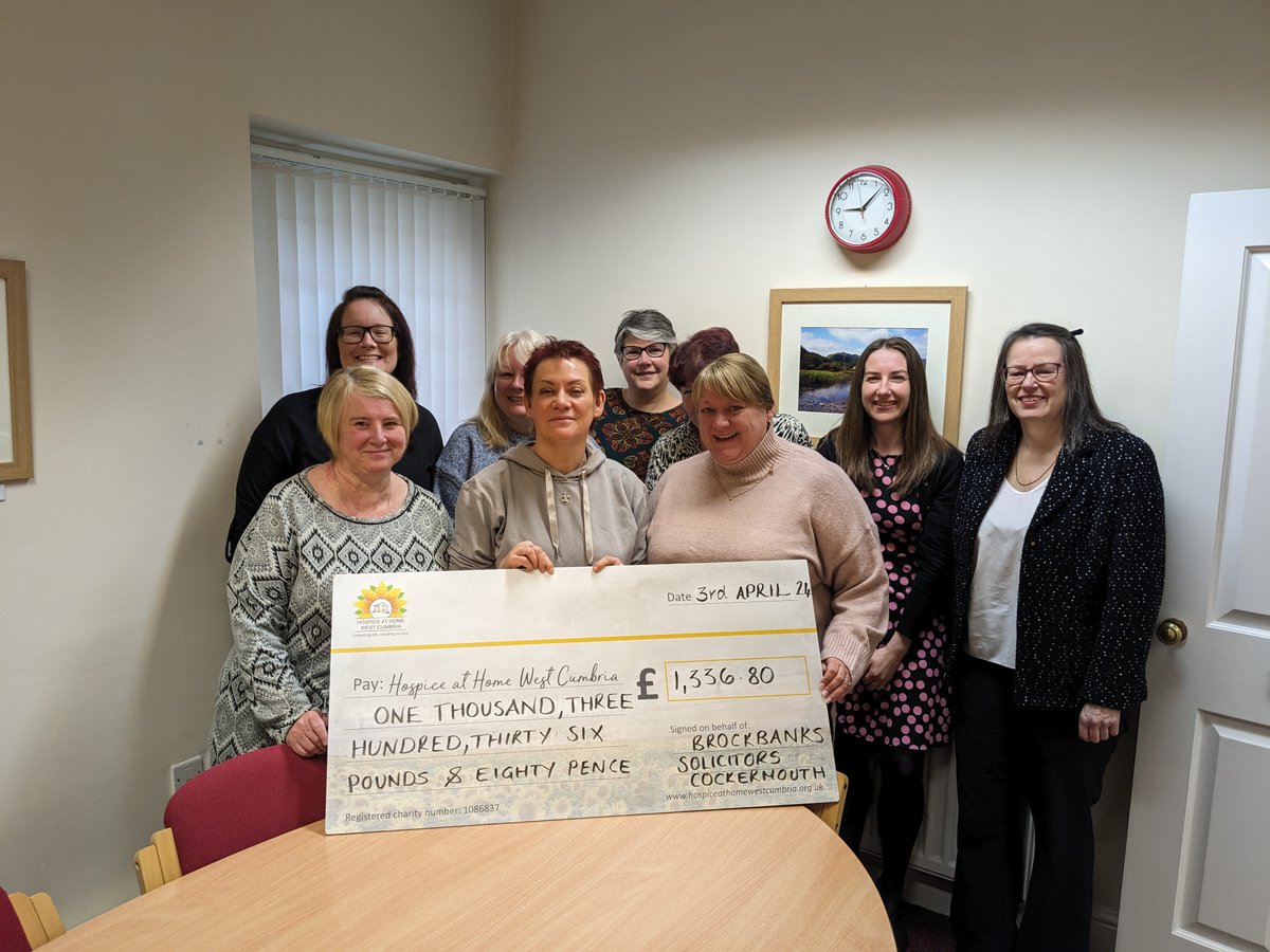 Thank you to Brockbanks Solicitors in Cockermouth for their kind donation of £1,336.80 to support our vital palliative and end of life services 🌻