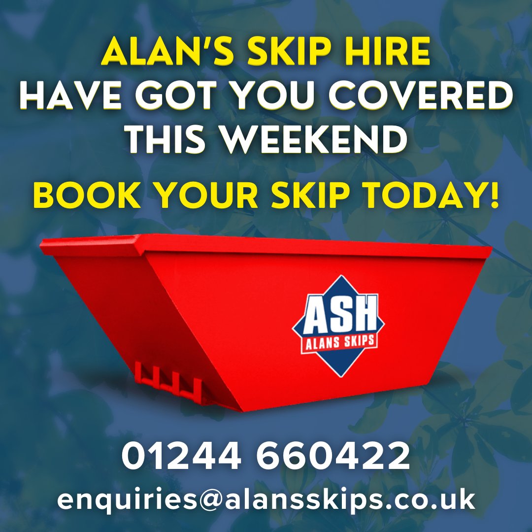 Hope everyone is enjoying the lovely weather🌼

Whether you're working in the garden or doing a house clearout this weekend, remember to book your skip with us!

Book online - alansskips.co.uk/book-a-skip/

#localskiphire #wrexham #chester #northwales #cheshire #wirral #skiphire #skips