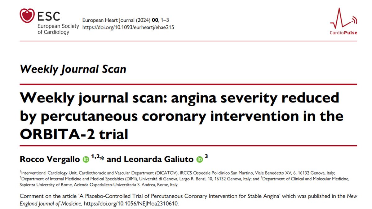 Angina severity reduced by PCI in the ORBITA-2 trial. Read this Weekly Journal Scan in #EHJ: academic.oup.com/eurheartj/adva… #angina #PCI #ORBITA2 #trial #WJS @escardio @ESC_Journals