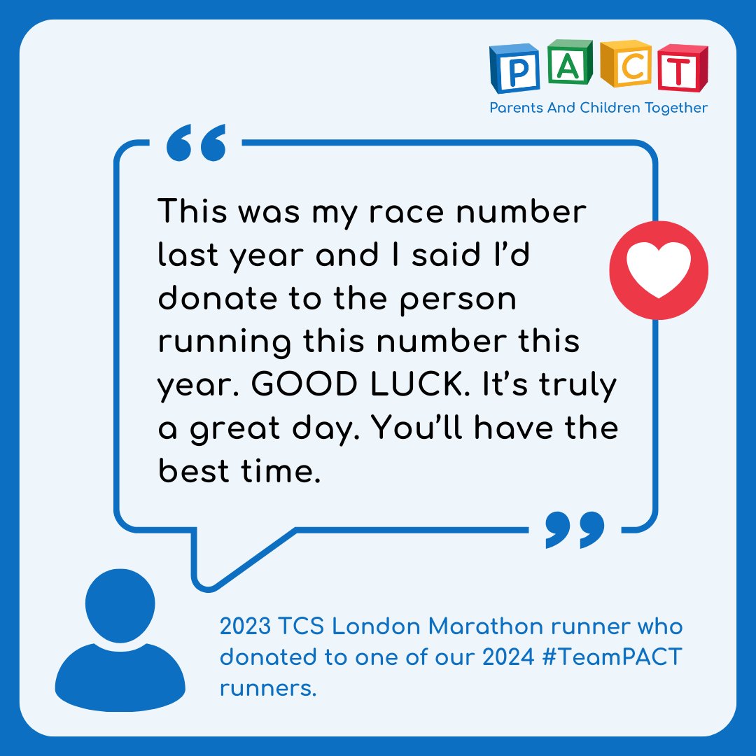PACTCHARITY's tweet photo. We received this lovely message with a donation to one of our London Marathon #TeamPACT runners - how inspiring! 💙
The 2024 TCS London Marathon is tomorrow and it isn't too late to sponsor our amazing runners. Visit https://t.co/OV2dOJ8Rxd. 🔗
Good luck #TeamPACT! 🎽🌟 https://t.co/ylE2eYeZyM