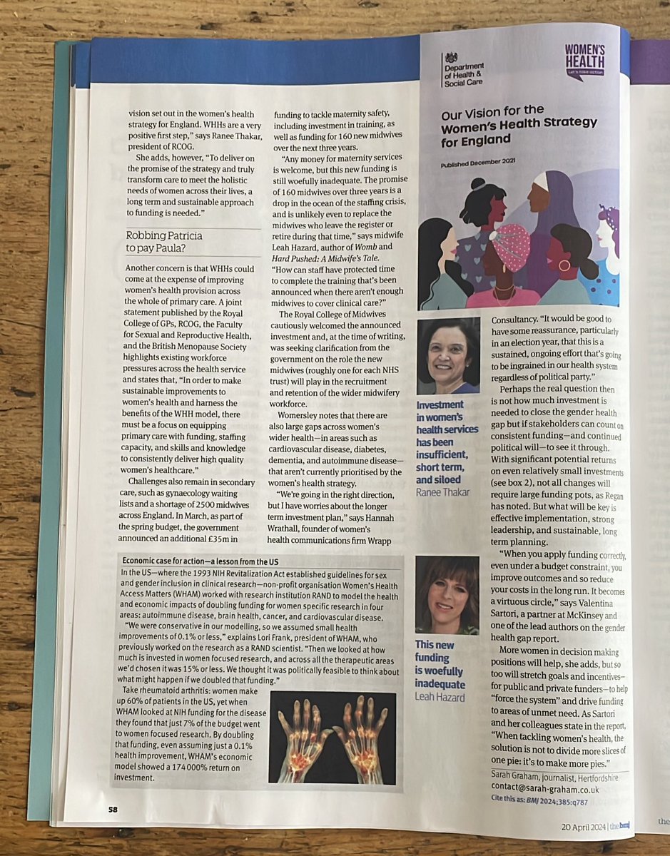 Great to see @SarahGraham7 excellent piece on the gender health gap in this week’s paper @bmj_latest. Featuring the tireless and impressive work of @hazard_leah @lregan7 @RaneeThakar and @MESSAGE_TGI