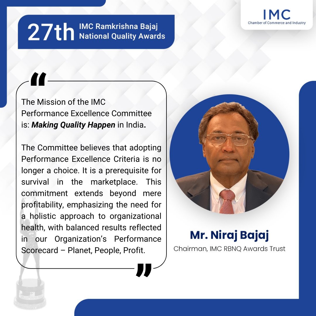 Mr. Niraj Bajaj, Chairman of the <a href="/IMC_RBNQA/">IMC RBNQA</a> , captivated the audience with his eloquent address at the 27th Ramkrishna Bajaj National Quality Awards ceremony.

#IMC #IMCRBNQA

<a href="/k_satyarthi/">Kailash Satyarthi</a> <a href="/SureshLulla/">Suresh Lulla</a> <a href="/TataCompanies/">Tata Group</a> <a href="/SamirSomaiya/">Samir Somaiya</a>