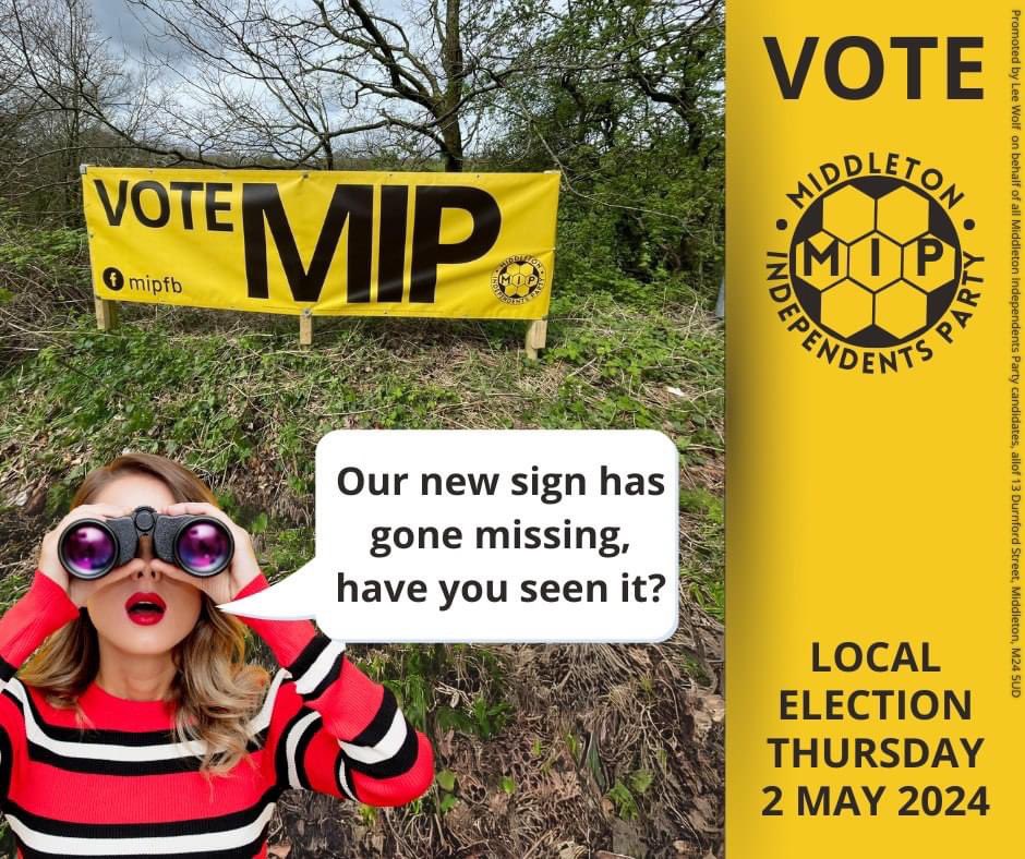 MiddIndParty's tweet photo. Oh heck, our lovely new sign has "gone missing". Reported to the police just in case it wonders into the Police Station.

A reward of a cuppa coffee and a cake has been offered for its safe return. 

Plot thickens... https://t.co/QBlGpFt98m
