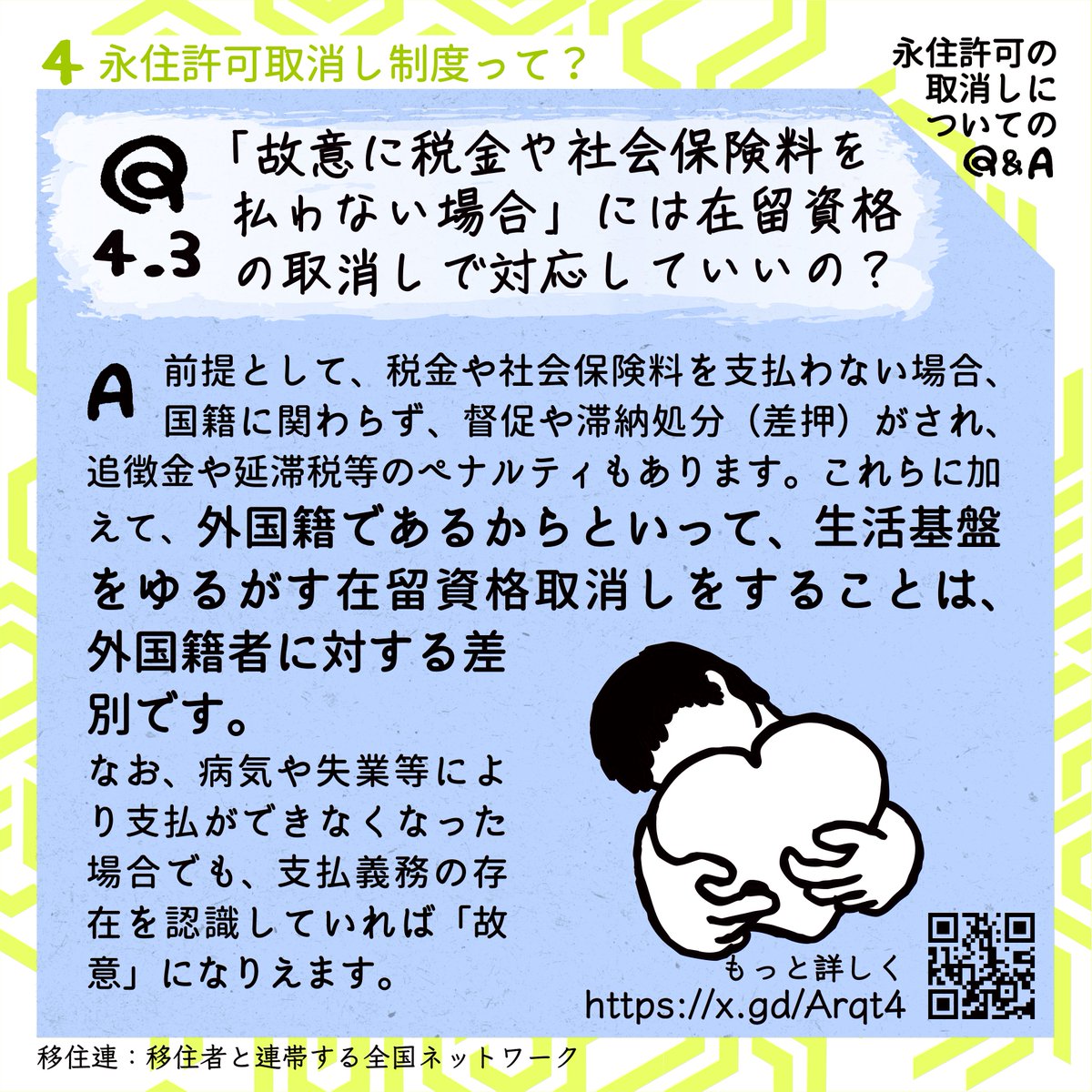 yumananahori's tweet photo. 永住権取消し法案、生活困窮で税金などの滞納をした場合も取消対象となっています。
これは貧困の自己責任化です。署名はまだ募集中とのこと。もうすぐ2万5000筆。まだの方はよろしければ是非。

永住許可の取消しについての Q&amp;A https://t.co/YX8PKKdXHO https://t.co/AGkvrNLlDv