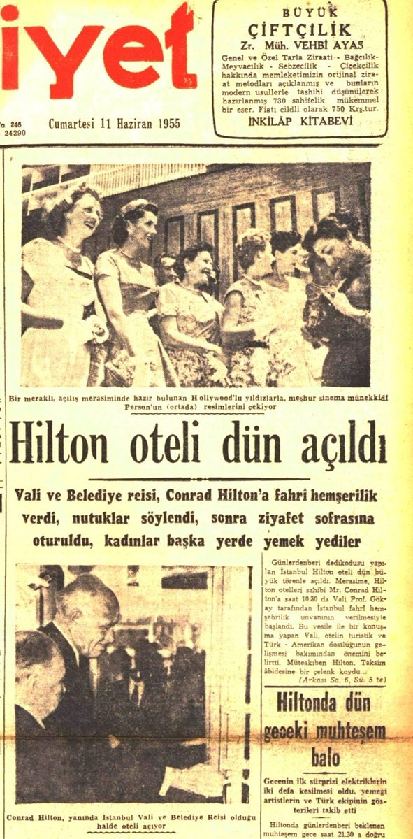 Hilton'un açılış günü öncesi ve açılışına dair Cumhuriyet gazete arşivindeki haberler...

Conrad Hilton'a İstanbul fahri hemşeriliği de veriliyor! 😊