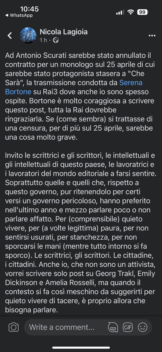 Quando il contesto si fa così meschino da suggerirti di tacere per il quieto vivere, è allora che bisogna parlare. @NicolaLagioia su #AntonioScurati e #SerenaBortone