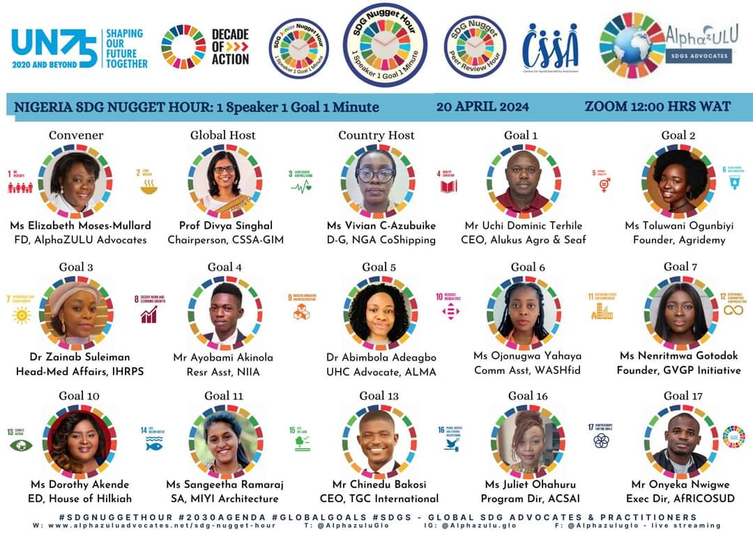 I'll be speaking at the SDGs Nugget Hour on key recommendations to accelerate progress on the SDGs as we count down to Agenda 2030. 

Join me today at 12:00(WAT) @AlphazuluGlo 
The SDG Nugget Hour is a monthly virtual platform for bite-size advocacy, 

#SDGNuggetHour