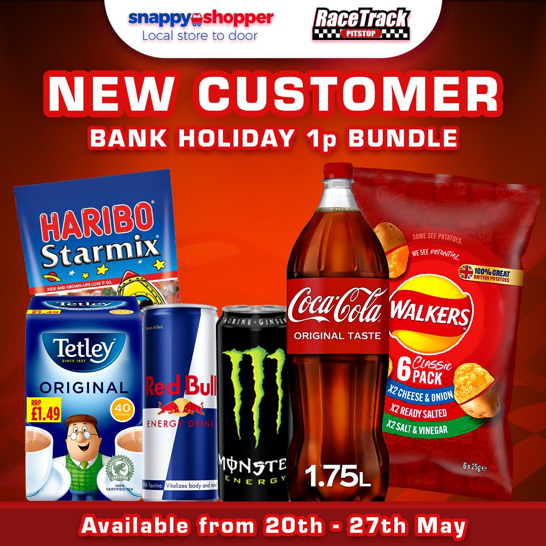 🎉 Calling all new customers! 🎉
Get ready for a fantastic Bank Holiday treat from Monday 20th to Monday 27th May - our 'Snappy Favourites' 1p bundle exclusively on the app. 🤩💸 

Don't miss out!📱💰

#SpecialOffer  #ExclusiveDeal #snappydeals #SnappyShopper #RaceTrackPitStop