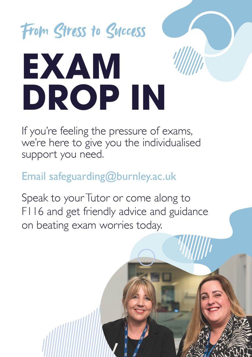 Are you feeling pressure of exams? Don't worry, we're are here to give you the individualised support you need to thrive. Email safeguarding@burnley.ac.uk or speak to your Tutor or come along to F116 and get friendly advice & guidance on beating exam worries today.