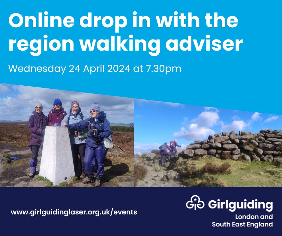 Are you considering taking a walking scheme qualification or just want to pick up some tips and find out the rules about going outdoors with girls? Join our online drop in on 24 April 7.30pm to chat with Helen, region walking adviser. Find out how to join: girlguidinglaser.org.uk/events/drop-in…