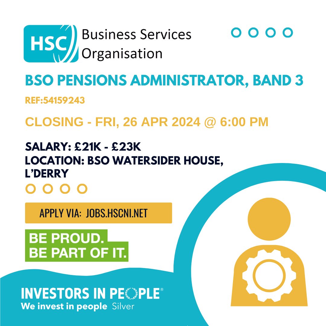@BSO_NI Pensions Administrator, Band 3 Location: BSO Waterside House, L’Derry Salary: £21k - £23k Closing Date: Fri, 26 Apr 2024 @ 6:00 PM For more information and to apply: jobs.hscni.net/Job/34391/bsop… #BSO #hscjobs #hscni #Pension #Admin #Derry #Londonderry #NIjobs