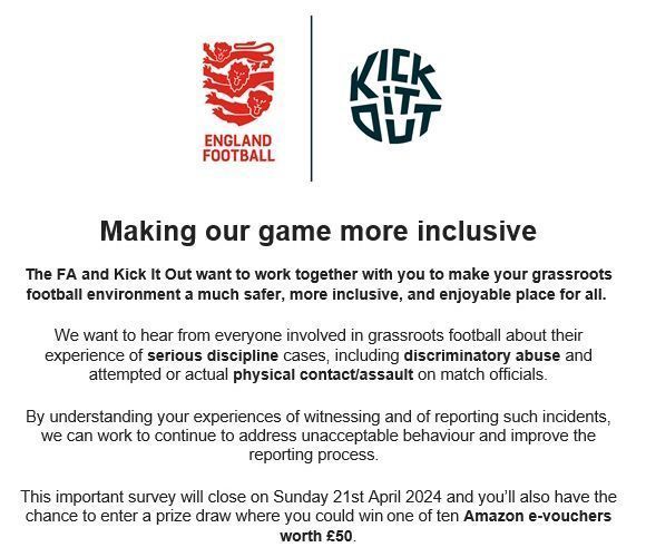 The @FA and @kickitout survey looking into discriminatory abuse and attempted or actual physical contact/assault on match officials closes TOMORROW. Provide your thoughts so we can all tackle it together. ➡️ buff.ly/3PW9dZT